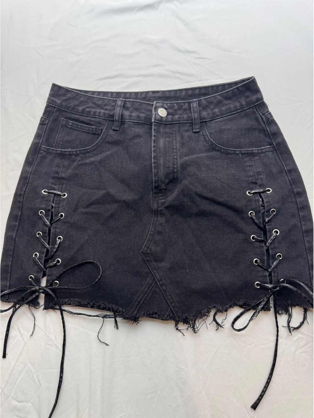 Black Distressed Lace-Up Denim Mini Skirt  Sz medium